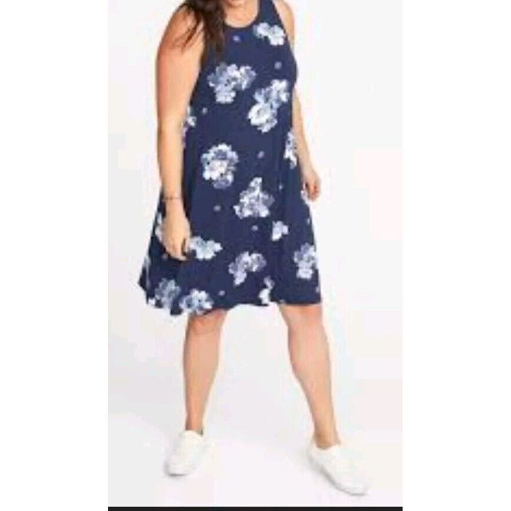 Old Navy Womens‎ Sz XL Blue Floral White Rose Jersey Knit Swing Dress Sleeveless